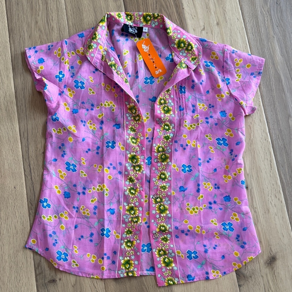 NWT Vibrant Pink Floral Cotton Blouse – Size Large - Picture 2 of 6
